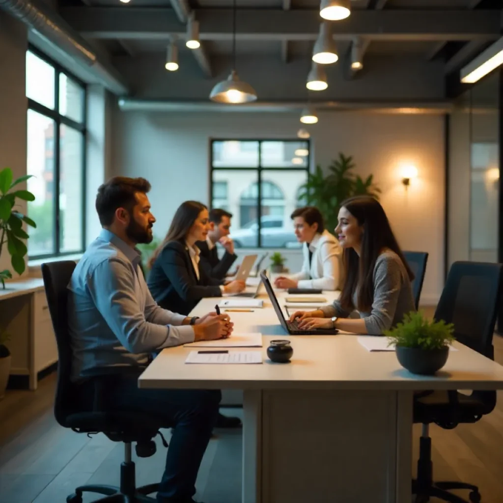 Ambiente de trabalho colaborativo com ergonomia e bem-estar conforme recomendações da NR-1